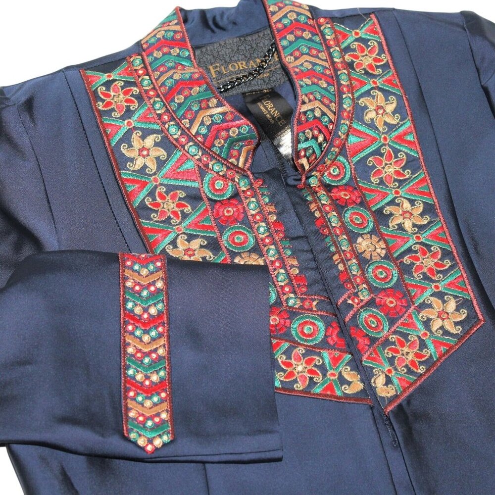 VTG Florance Sz 12 Eur 42 Navy Blue Embroidered Collar Hostess Gown Robe Dress - Picture 5 of 12